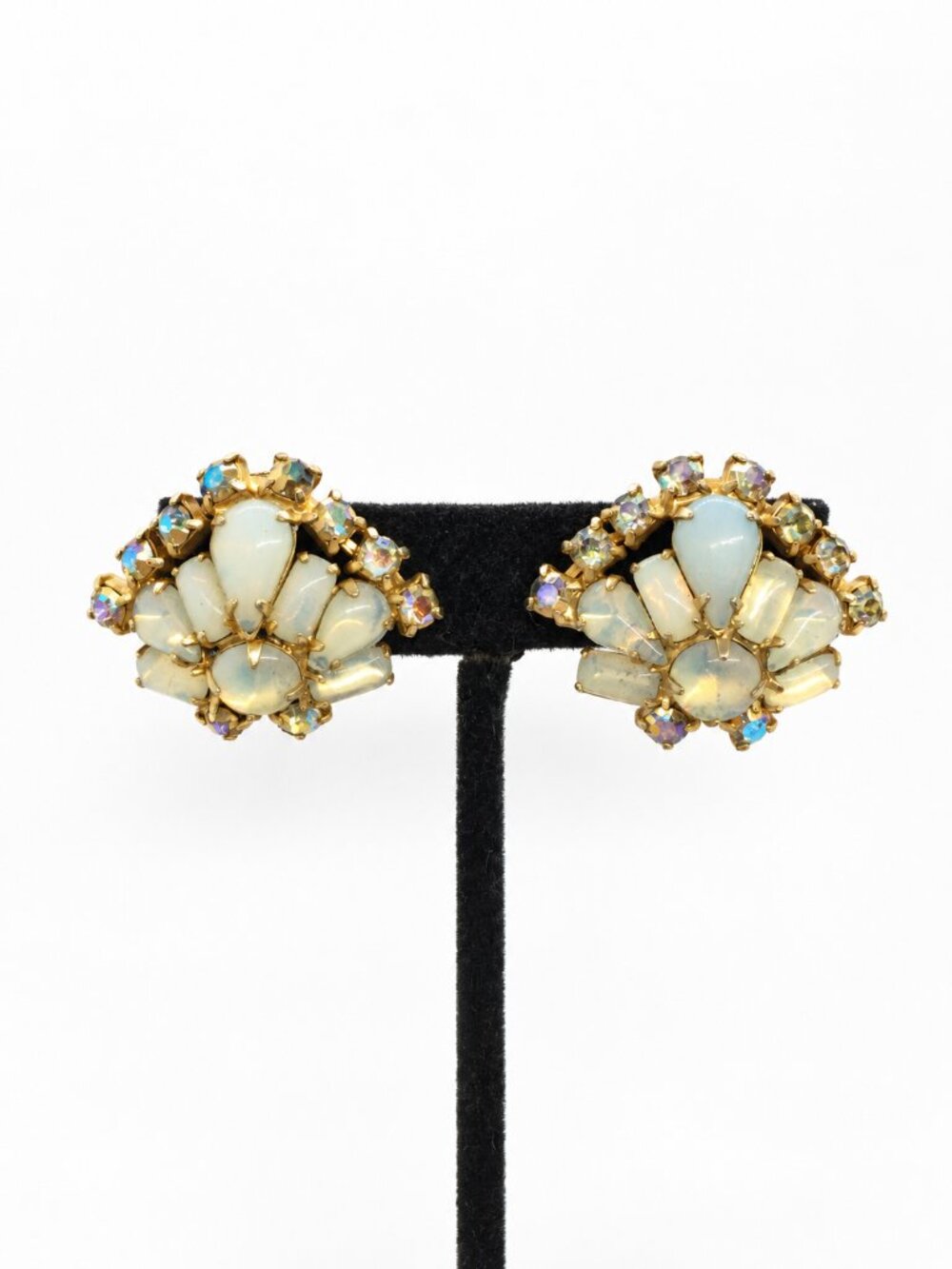 VINTAGE CLIP EARRINGS Faux Opal Glass AB Rhinestone Fan Gold Tone Midcentury